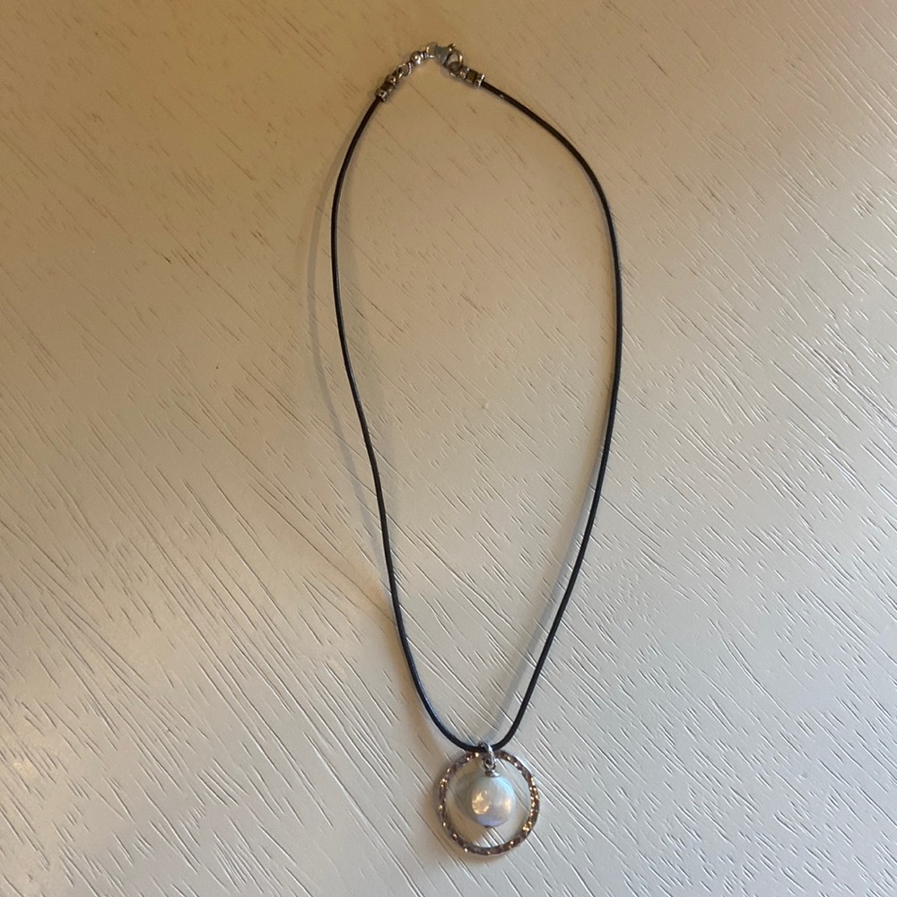 Sterling silver pearl necklace on black cord